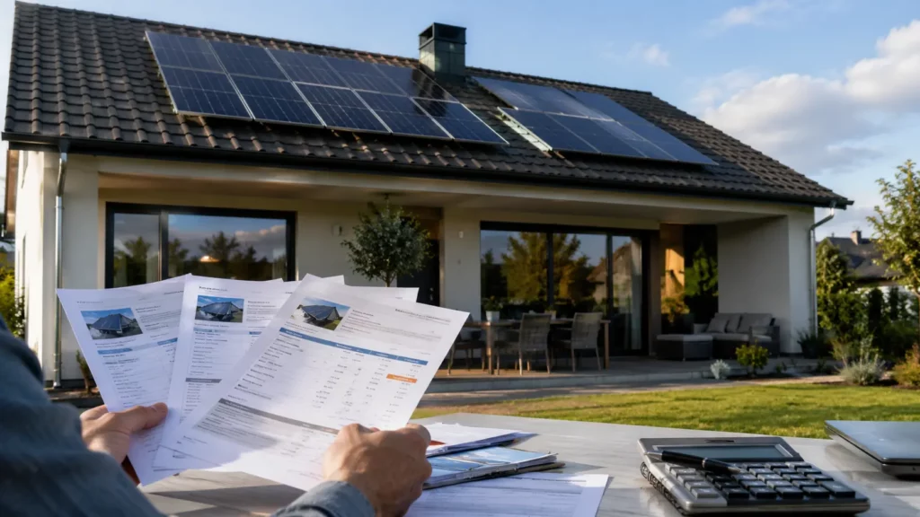 Propriétaire comparant plusieurs devis devant une maison équipée de panneaux photovoltaïques afin d'évaluer le prix d'une installation solaire en autoconsommation.