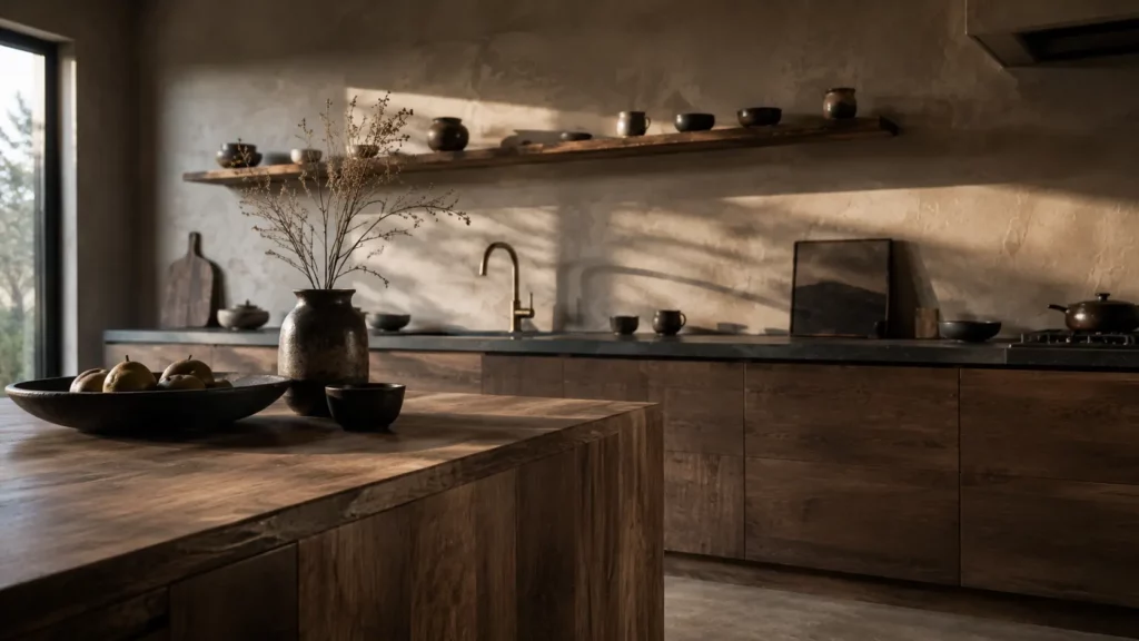 Cuisine wabi-sabi photographiée depuis un îlot en noyer massif, avec plan de travail en stéatite patinée, murs en enduit à la chaux, façades en bois patiné, étagère ouverte garnie de vaisselle en grès et lumière naturelle de fin de journée mettant en valeur les textures.