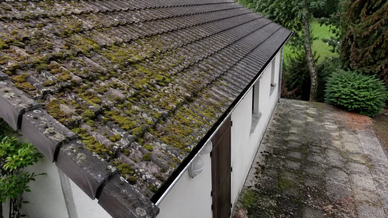 Toiture en tuiles partiellement envahie par la mousse et le lichen, avec terrasse en dalles de béton présentant des dépôts d'algues et traces d'humidité à proximité d'arbres.