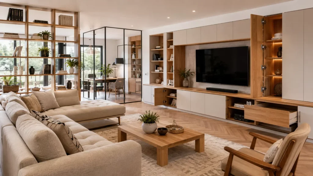 Salon contemporain spacieux avec canapé d angle, meuble TV sur mesure, bibliothèque ouverte, buffet bas, verrière intérieure et meubles de rangement aux finitions soignées avec charnières et tiroirs de qualité.