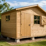 Monter un abri de jardin en bois sur plots : la méthode sans mauvaise surprise abri de jardin en bois clair entièrement monté, installé sur des plots visibles dans un jardin entretenu, avec un vide sanitaire apparent sous le plancher.