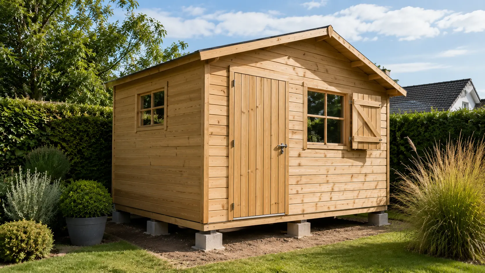 abri de jardin en bois clair entièrement monté, installé sur des plots visibles dans un jardin entretenu, avec un vide sanitaire apparent sous le plancher.