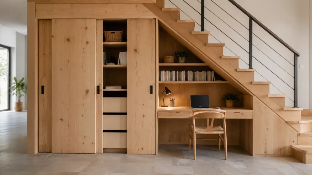 amenagement bois sous escalier bureau rangement