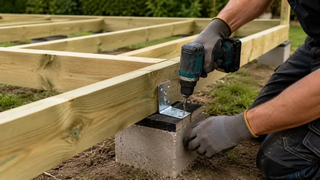 Photographie réaliste d'un artisan fixant une équerre métallique galvanisée entre une solive en bois traité autoclave et un plot béton pour ancrer la structure d'un abri de jardin sur plots.