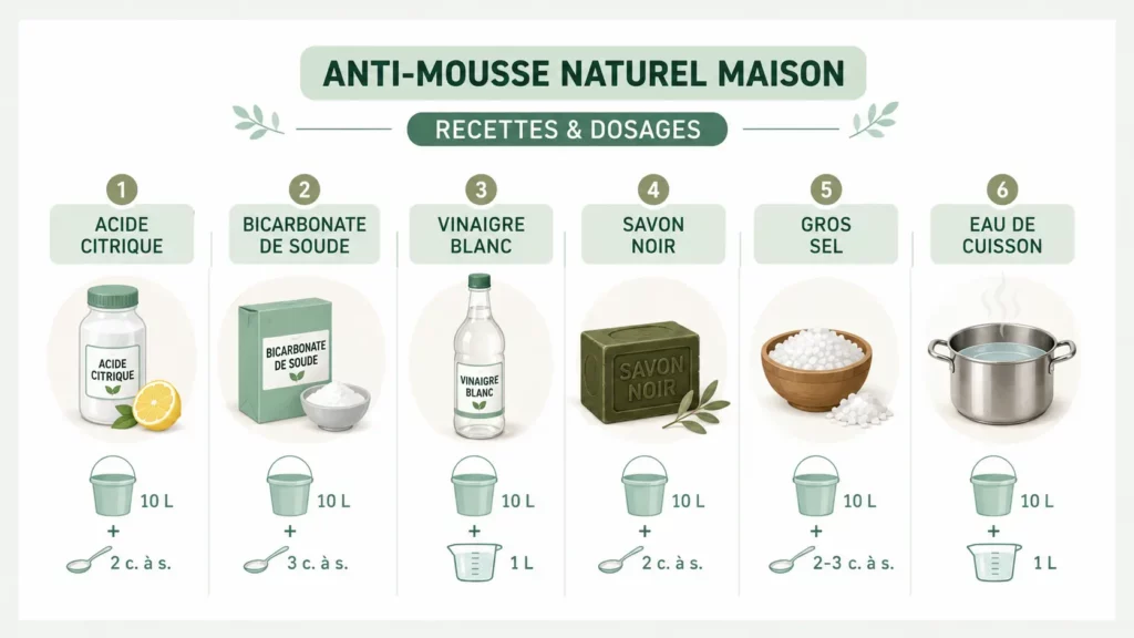 Infographie des recettes anti mousse naturel maison avec les dosages d acide citrique bicarbonate de soude vinaigre blanc savon noir gros sel et eau de cuisson.