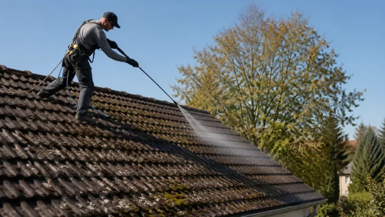 Professionnel équipé d'un harnais de sécurité pulvérisant un traitement anti-mousse sur une toiture en tuiles, du faîtage vers la gouttière, par temps sec au printemps ou en automne.