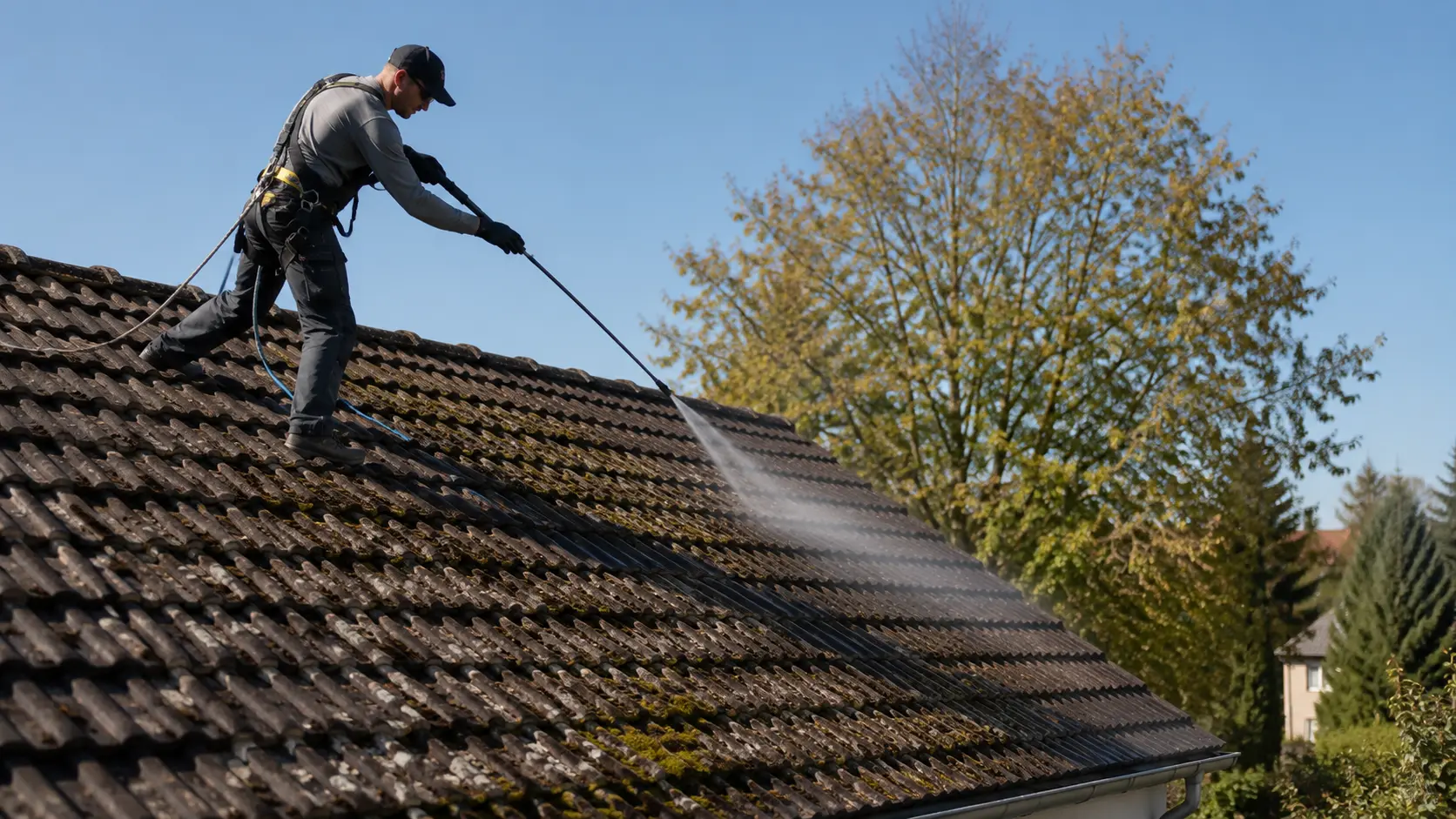 Professionnel équipé d'un harnais de sécurité pulvérisant un traitement anti-mousse sur une toiture en tuiles, du faîtage vers la gouttière, par temps sec au printemps ou en automne.