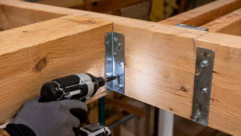 Gros plan sur l'assemblage d'un chevêtre de trémie d'escalier avec un sabot galvanisé vissé reliant une solive d'enchevêtrure au chevêtre, une visseuse tenue par une main gantée en cours de fixation sur un plancher en bois.