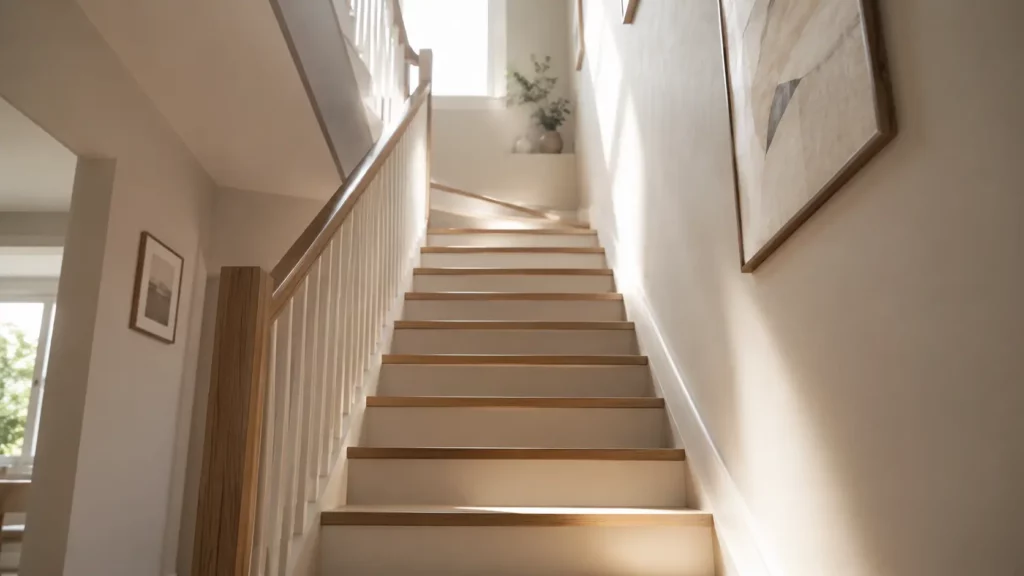 Cage d'escalier intérieure contemporaine avec murs clairs, rampe en bois et rai de lumière naturelle illuminant les premières marches.