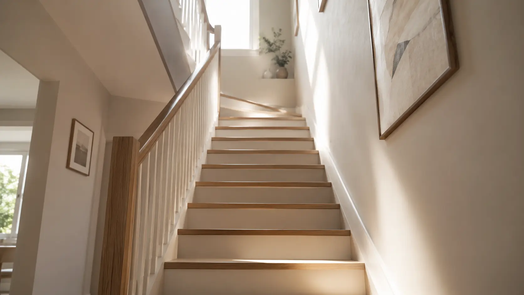 Cage d'escalier intérieure contemporaine avec murs clairs, rampe en bois et rai de lumière naturelle illuminant les premières marches.