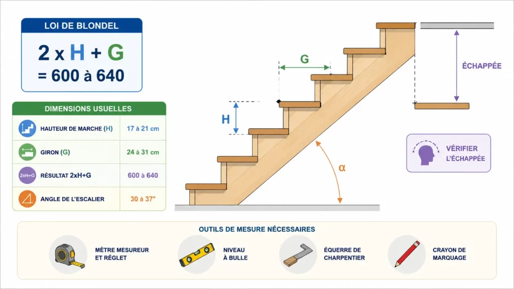 Infographie illustrant le calcul des dimensions d'un escalier en bois avec la loi de Blondel, les repères H (hauteur de marche), G (giron) et l'angle d'inclinaison.