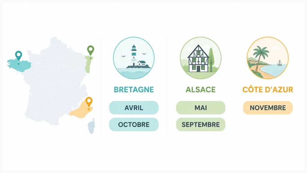 Infographie présentant les périodes recommandées pour appliquer un traitement anti-mousse en Bretagne, en Alsace et sur la Côte d'Azur selon les conditions climatiques régionales.