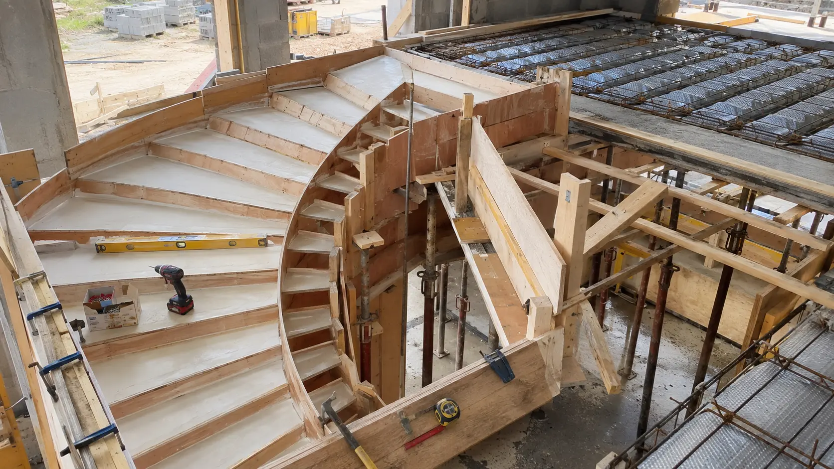 Escalier balancé : la méthode de coffrage expliquée en détail Artisan réalisant le coffrage de la paillasse d'un escalier en béton tournant avec planches découpées, étais métalliques et structure prête à recevoir les armatures sur un chantier de construction.