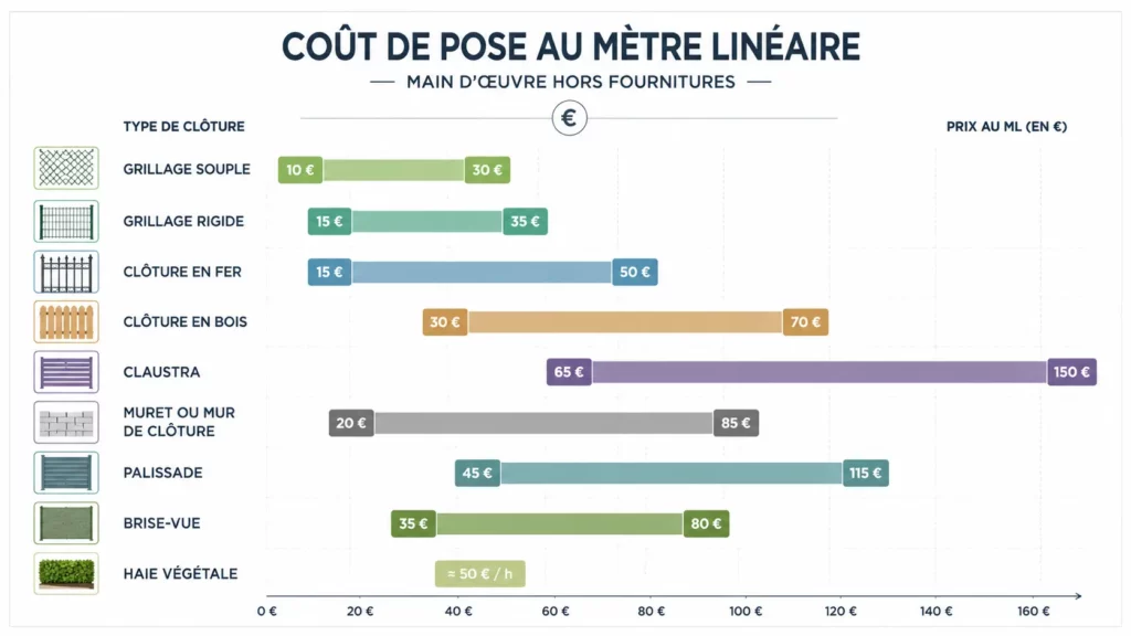 Infographie comparant le cout de pose des principaux types de cloture avec grillage souple grillage rigide fer bois claustra muret palissade brise vue et haie vegetale selon la main oeuvre.
