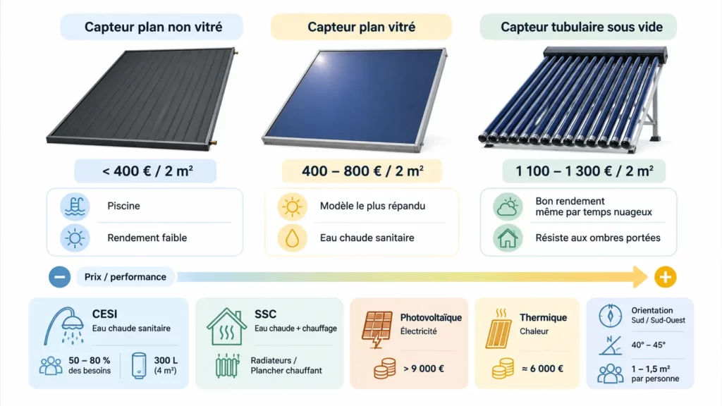 Infographie comparant trois types de capteurs solaires thermiques : capteur plan non vitré, capteur plan vitré et capteur tubulaire sous vide, avec leurs fourchettes de prix, niveaux de performance et principaux usages, présentés sous forme d'icônes sur fond blanc.