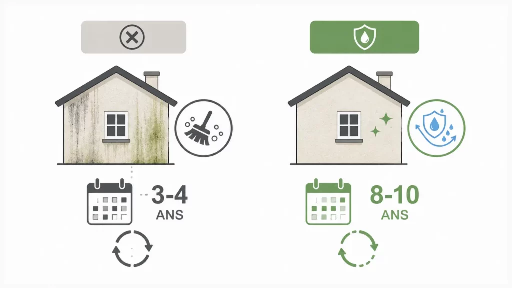 Infographie comparant l'entretien d'une façade sans traitement hydrofuge nécessitant un nettoyage tous les 3 à 4 ans et d'une façade protégée par un traitement hydrofuge avec un entretien espacé de 8 à 10 ans.