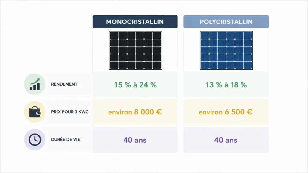 Infographie comparant les panneaux solaires monocristallins et polycristallins selon leur rendement, leur prix pour une installation de 3 kWc et leur durée de vie.