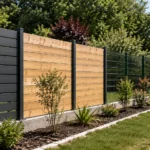 Combien coûte une clôture de jardin ? Le comparatif chiffré par matériau Cloture de jardin neuve avec sections en bois aluminium et grillage dans un jardin residentiel soigne illustrant la comparaison des differents materiaux de cloture.