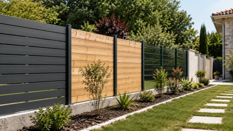 Cloture de jardin neuve avec sections en bois aluminium et grillage dans un jardin residentiel soigne illustrant la comparaison des differents materiaux de cloture.