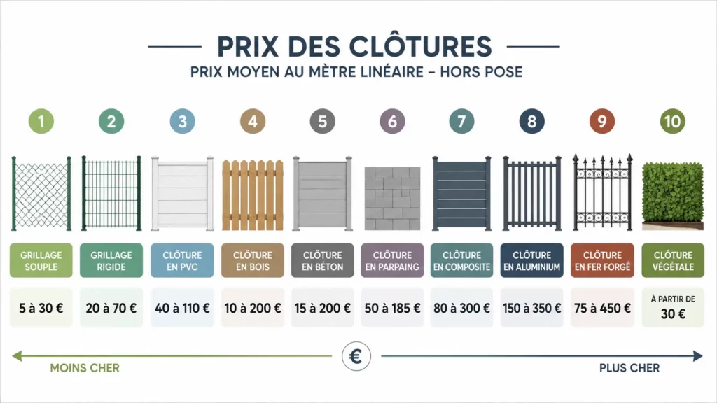 Infographie comparant le prix au metre lineaire des principaux materiaux de cloture avec grillage souple rigide pvc bois beton parpaing composite aluminium fer forge et haie vegetale.