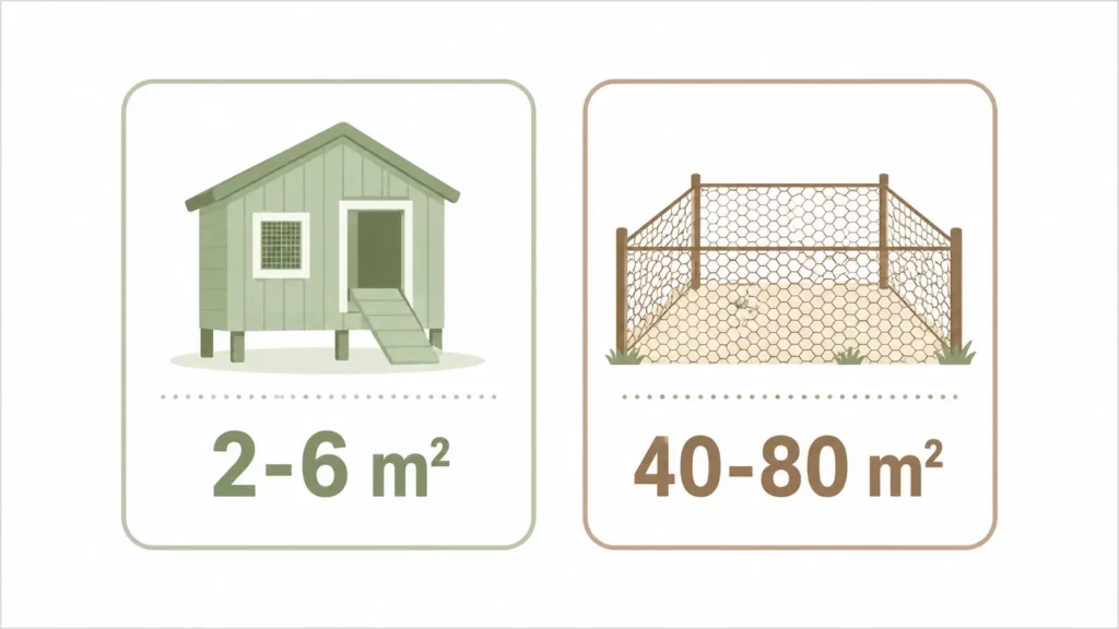 Infographie comparant la surface recommandée pour un poulailler de quatre poules (2 à 6 m²) et celle de leur enclos (40 à 80 m²) avec pictogrammes de cabane et d'espace clôturé.