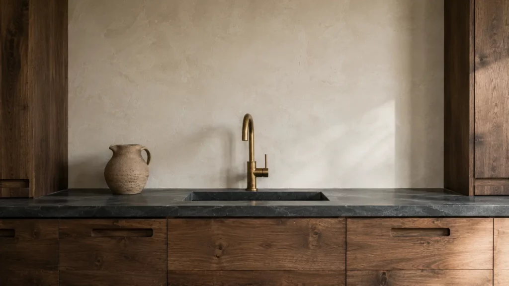 Cuisine wabi-sabi photographiée de face avec plan de travail en stéatite gris-noir, crédence en enduit à la chaux, robinet en laiton patiné, façades en noyer avec poignées en bois massif et pichet en argile brute dans une lumière naturelle douce.