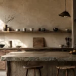 Cuisine wabi-sabi : matériaux, couleurs et quincaillerie pour un style zen durable Cuisine wabi-sabi avec plan de travail en stéatite gris-noir, façades en noyer patiné, murs en enduit à la chaux, robinetterie en laiton vieilli, étagère ouverte garnie de vaisselle en grès dépareillée et suspension en papier au-dessus d'un îlot, photographiée dans une lumière naturelle de fin de journée.