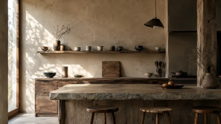 Cuisine wabi-sabi avec plan de travail en stéatite gris-noir, façades en noyer patiné, murs en enduit à la chaux, robinetterie en laiton vieilli, étagère ouverte garnie de vaisselle en grès dépareillée et suspension en papier au-dessus d'un îlot, photographiée dans une lumière naturelle de fin de journée.