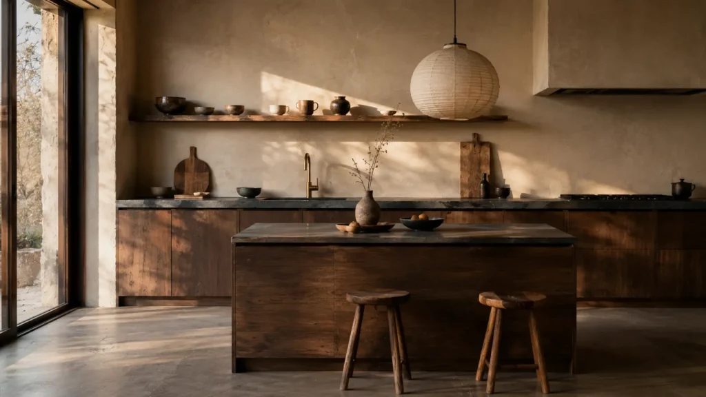 Cuisine de style wabi-sabi baignée par une lumière naturelle rasante, avec plan de travail patiné, étagère en bois massif garnie de mugs en grès dépareillés, mur en enduit texturé et îlot surmonté d'une suspension légèrement décalée.