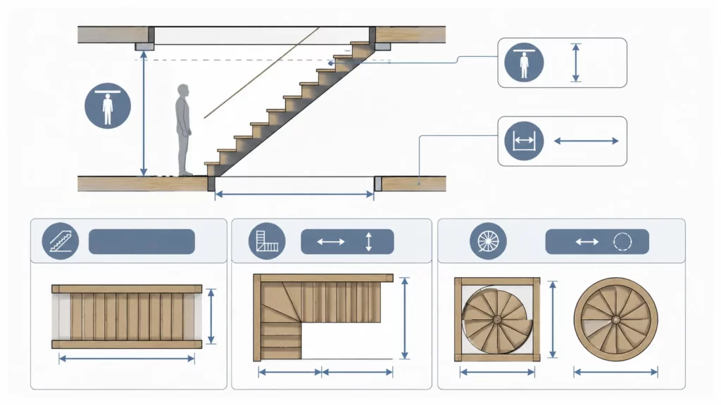 Infographie illustrant les dimensions d'une trémie d'escalier avec l'échappée et le reculement en coupe, ainsi qu'un comparatif des formes de trémie pour un escalier droit, quart tournant et hélicoïdal.