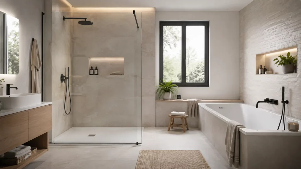 Salle de bain contemporaine combinant une douche à l'italienne avec paroi en verre et une baignoire moderne dans un espace harmonieux, lumineux et fonctionnel.