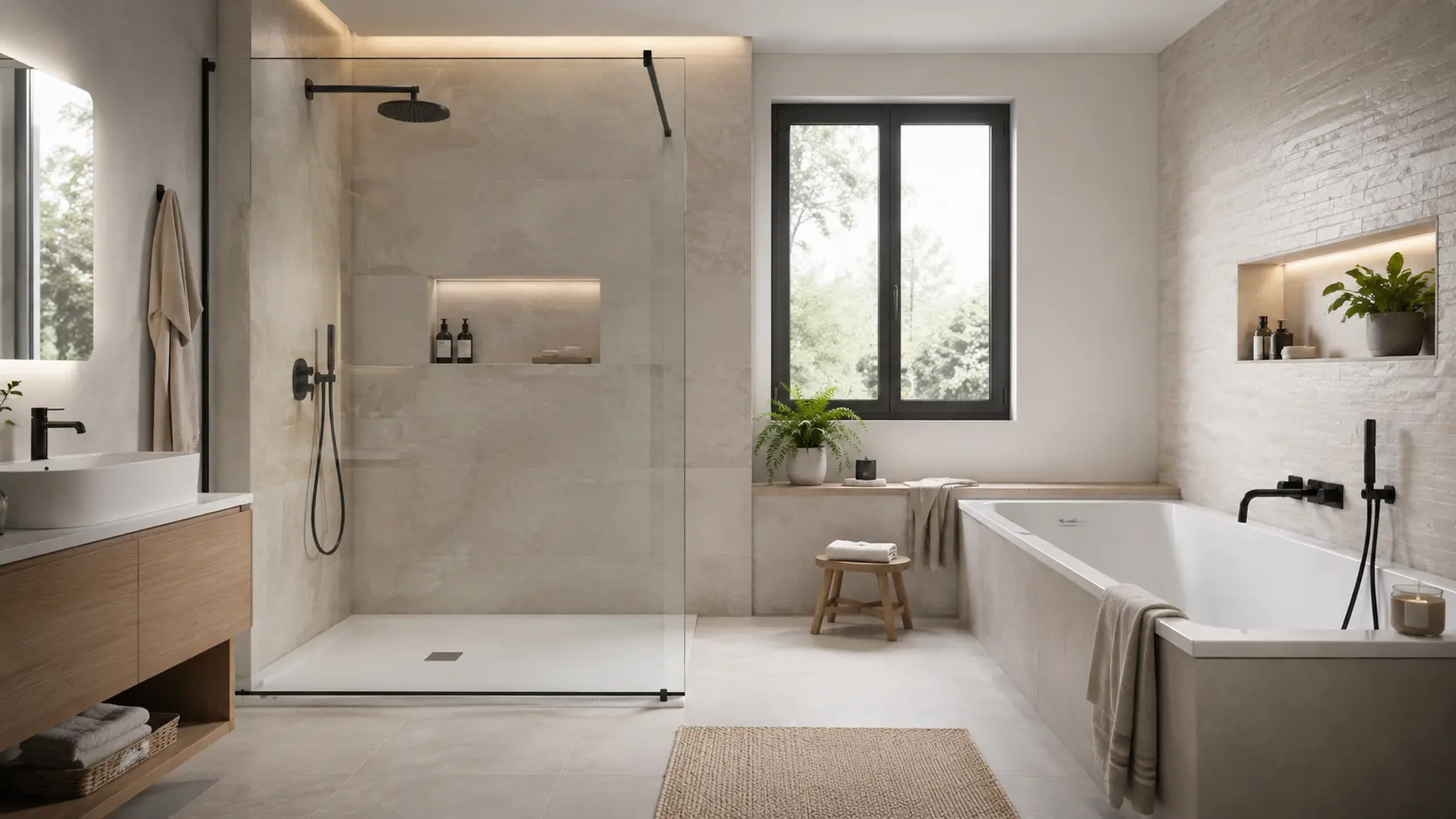 Douche ou baignoire dans une salle de bain : le guide pour trancher Salle de bain contemporaine combinant une douche à l'italienne avec paroi en verre et une baignoire moderne dans un espace harmonieux, lumineux et fonctionnel.