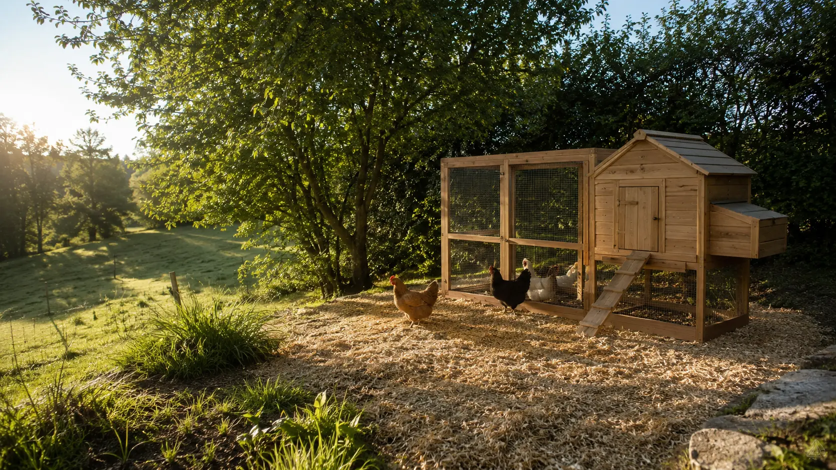 Poulailler familial en bois installé sur un terrain légèrement surélevé et bien drainé, exposé est ou sud-est, avec litière de miscanthus et ombre partielle dans un jardin entretenu.