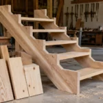 Escalier en bois massif en cours de fabrication dans un atelier de menuiserie avec limon apparent, marches partiellement assemblées et planches de chêne, frêne et pin pour comparer les essences.