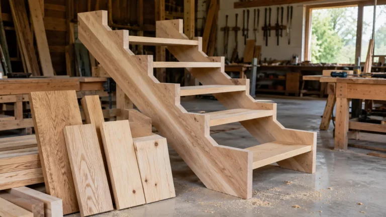 Escalier en bois massif en cours de fabrication dans un atelier de menuiserie avec limon apparent, marches partiellement assemblées et planches de chêne, frêne et pin pour comparer les essences.