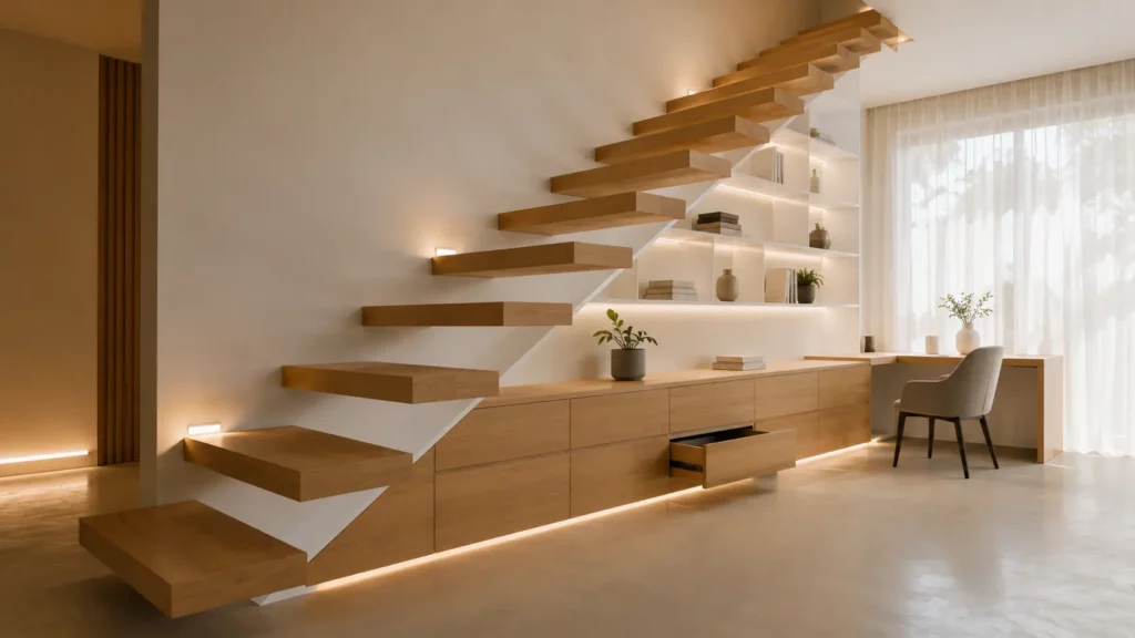 escalier flottant rangement bureau sur mesure