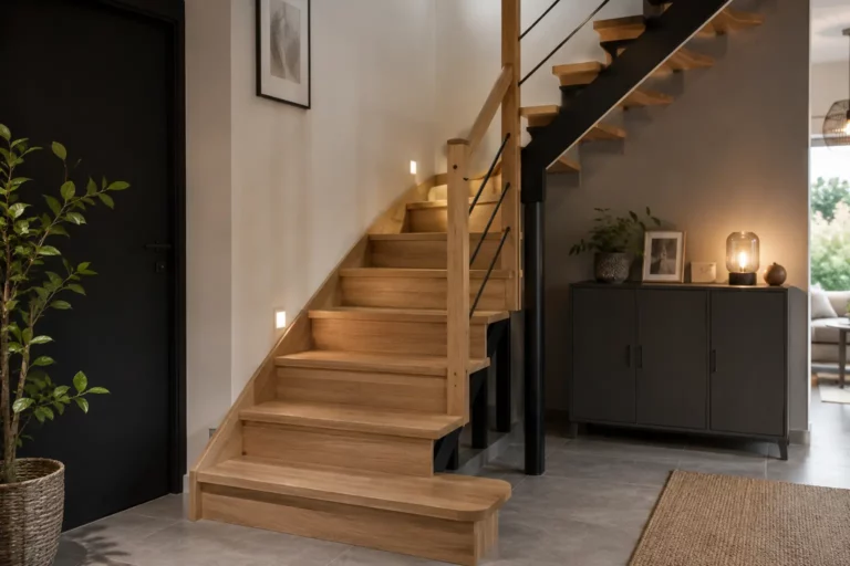 Escalier quart tournant en bois et metal dans une maison moderne avec decoration contemporaine, garde corps design, eclairage naturel et ambiance chaleureuse.