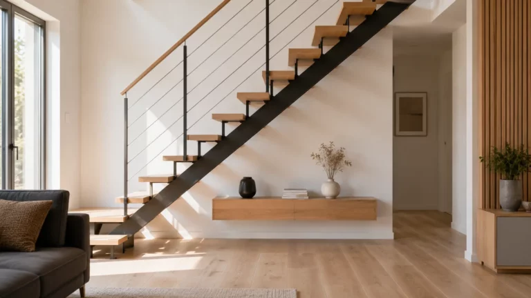 Escalier sans contremarche dans un intérieur contemporain avec un aménagement bas et discret sous les marches, laissant circuler la lumière naturelle.