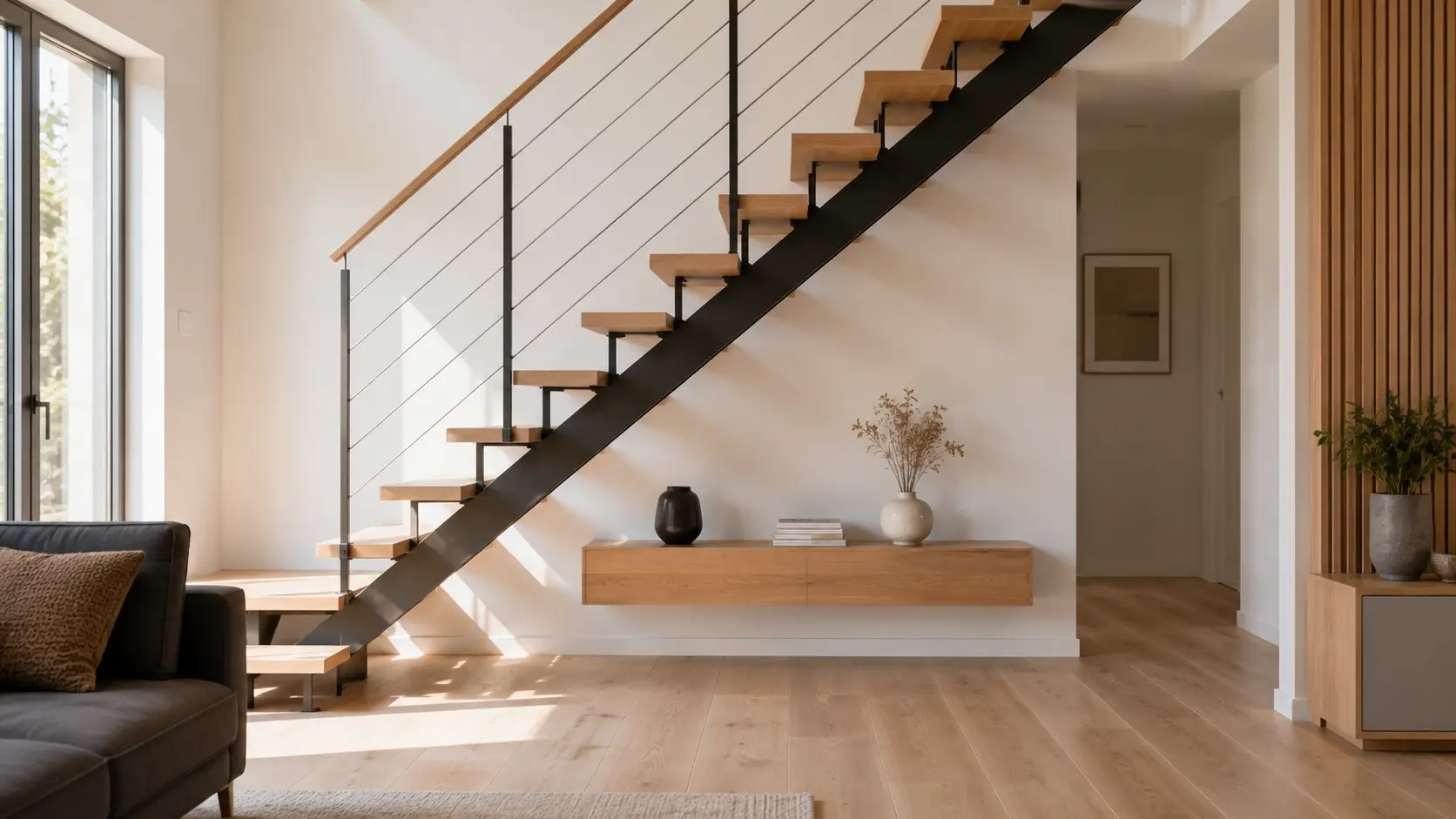 Escalier sans contremarche dans un intérieur contemporain avec un aménagement bas et discret sous les marches, laissant circuler la lumière naturelle.