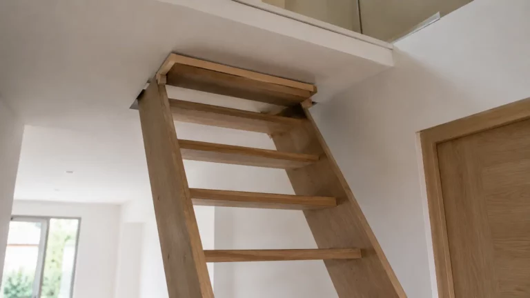 Escalier intérieur en bois dont la partie supérieure arrive presque contre le plafond et ne s'aligne pas correctement avec le plancher de l'étage, illustrant un problème de hauteur de trémie dans une maison.