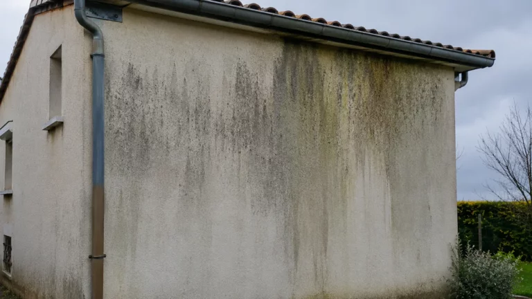 Façade de maison en enduit présentant un noircissement naturel avec des coulées sombres sous la gouttière, des traces d'algues et de lichens dues à l'humidité sur un mur exposé au nord, dans un environnement résidentiel sous un ciel nuageux.