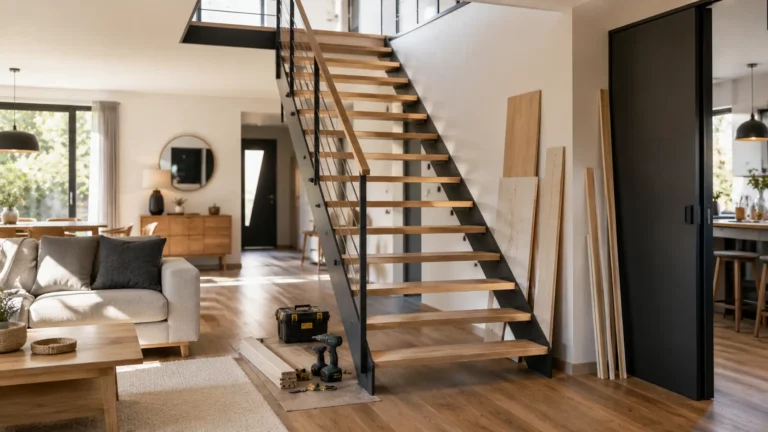 escalier intérieur ouvert sans contremarches dans une maison contemporaine, avec quelques outils et panneaux de bois au pied de l'escalier évoquant un chantier de rénovation en cours.