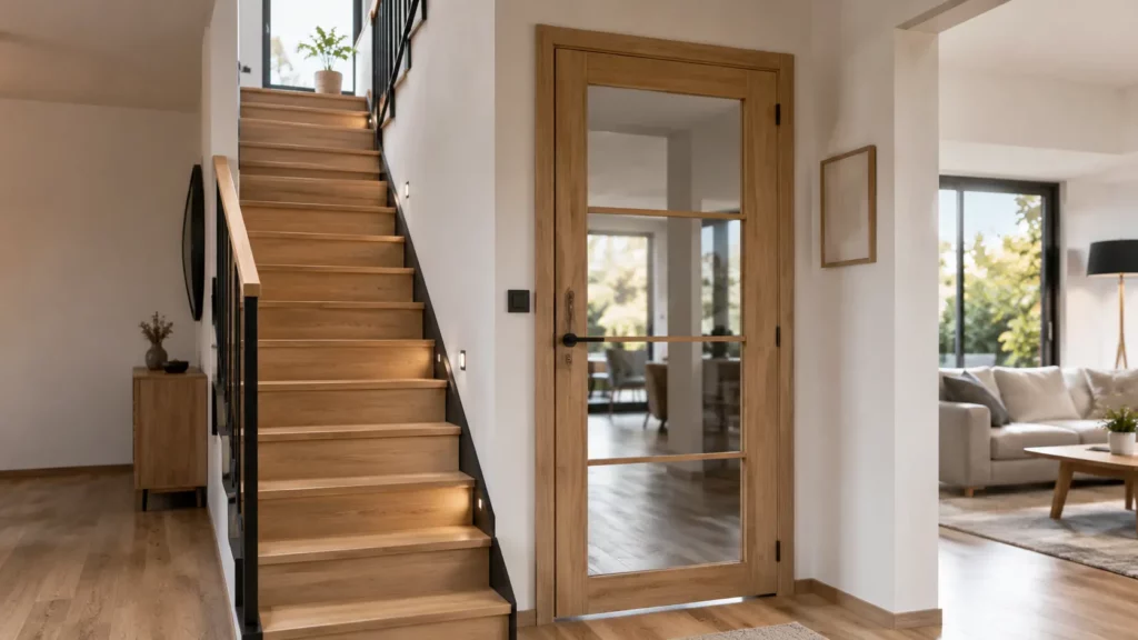un escalier intérieur ouvert équipé d'une porte vitrée pour limiter les déperditions de chaleur, avec des contremarches en bois clair installées dans une maison contemporaine lumineuse.