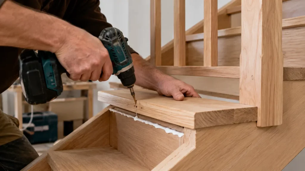un artisan vissant une marche d'escalier en bois sur un limon avec une perceuse-visseuse, un cordon de colle à bois visible et un garde-corps en bois en cours d'installation à l'arrière-plan.