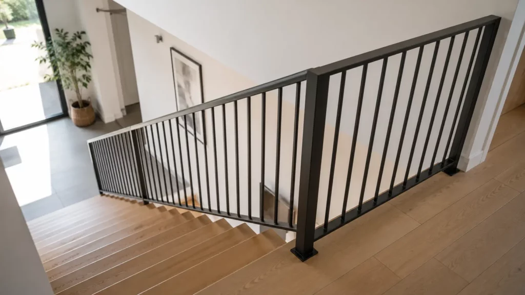 Garde-corps avec barreaux verticaux installé sur un escalier intérieur ouvert, conforme aux normes de sécurité, dans une maison contemporaine lumineuse.