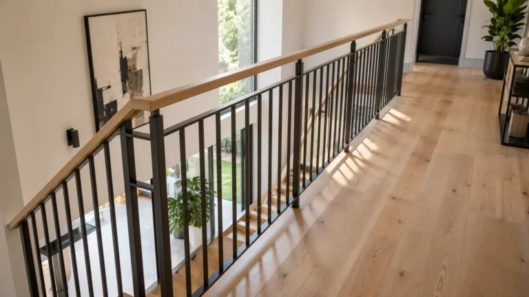 Escalier intérieur contemporain équipé d'un garde-corps avec main courante et barreaux verticaux, illustrant une installation conforme aux exigences de hauteur réglementaire.
