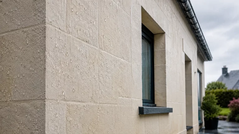 Façade de maison en pierre claire traitée avec un hydrofuge, où les gouttes de pluie perlent et ruissellent à la surface sans pénétrer le matériau.