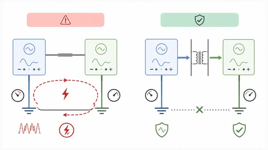 Infographie comparant une boucle de masse entre deux circuits électriques partageant une masse commune avec courant de fuite parasite et le même montage protégé par une isolation galvanique laissant passer le signal tout en bloquant le courant indésirable.