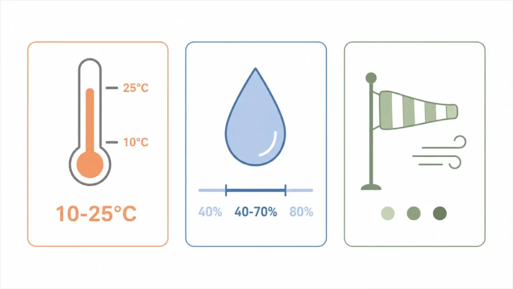 Infographie présentant les conditions météo recommandées pour peindre une façade : température idéale de 10 à 25 °C, humidité comprise entre 40 et 70 % et vent faible, illustrées par des pictogrammes de thermomètre, goutte d'eau et manche à air.