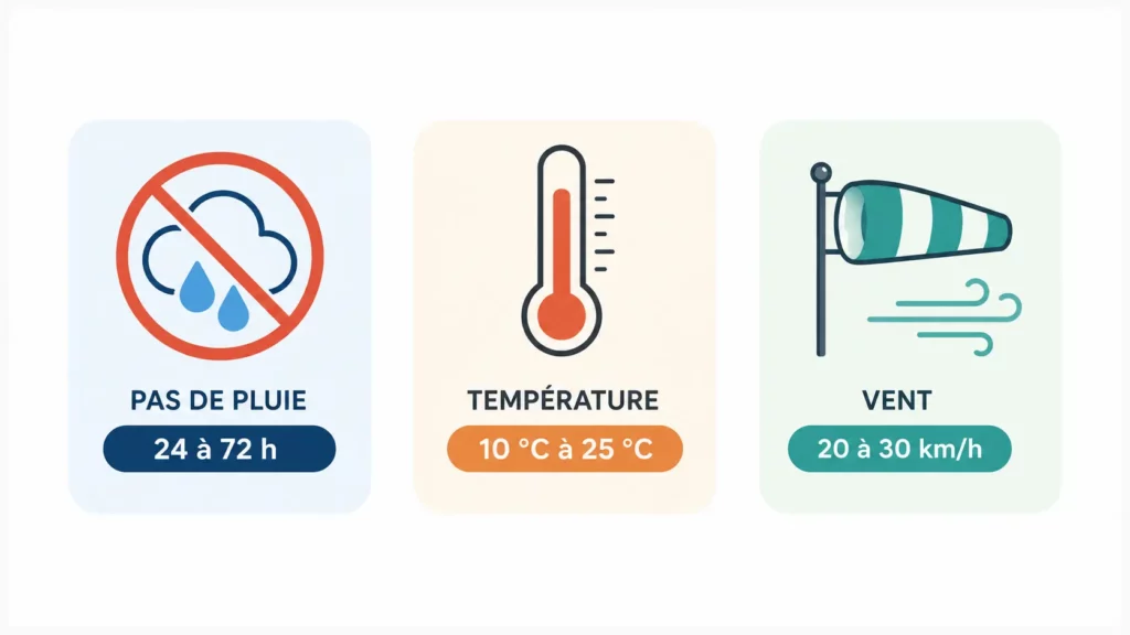 Infographie présentant les trois conditions météorologiques idéales avant l'application d'un traitement anti-mousse : absence de pluie pendant 24 à 72 heures, température entre 10 et 25 °C et vent inférieur à 20 à 30 km/h.